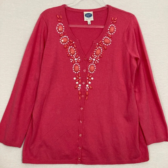 DG2 by Diane Gilman Pink Embellished Button Lightweight Knit Cardigan Large - Picture 1 of 10
